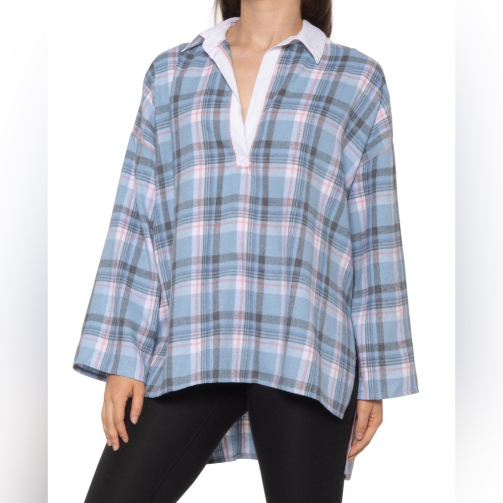Free People Sunday Morning Sleep Shirt - Long Sleeve Size Color Pale Blue Combo